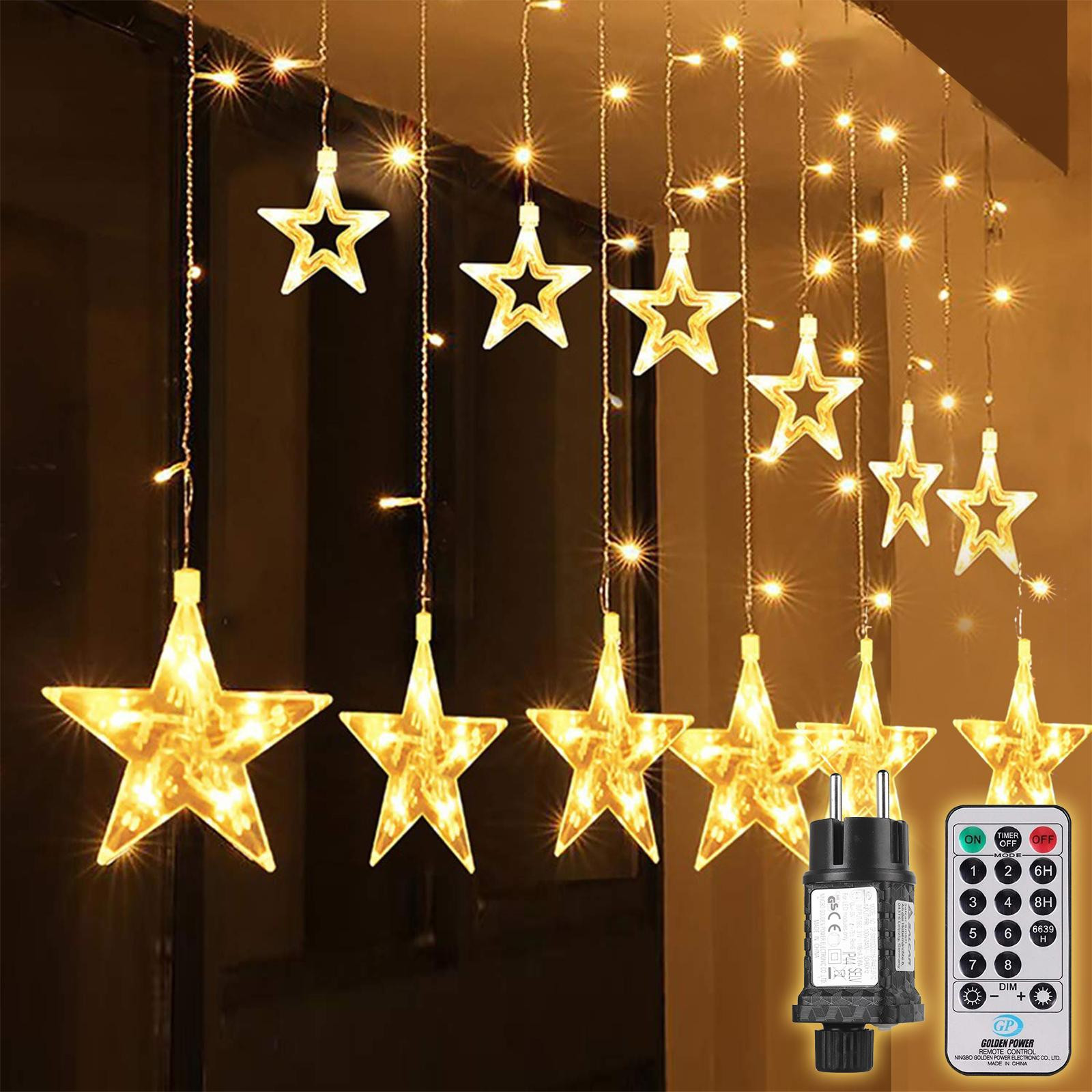 Salcar Lichtgordijn met 12 Sterren en 108 LED-lampjes, Warm Wit, 8 Lichtmodi, B/H: 2 x 1 meter