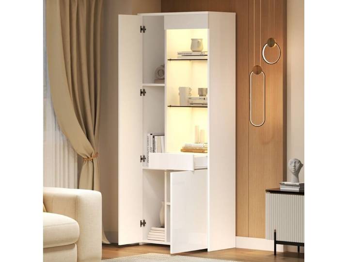 Vitrine Blanche 2 Portes 1 Tiroir Vitrine Haute Avec LED FloraGrace Pour Salon Rangement Compartimenté 70x35x180cm