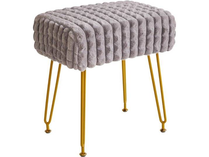 Tabouret Maquillage Velours Gris avec Repose-Pieds Carré Grille Pieds Acier Doré Siège Coiffeuse Moderne Chambre et Dressing