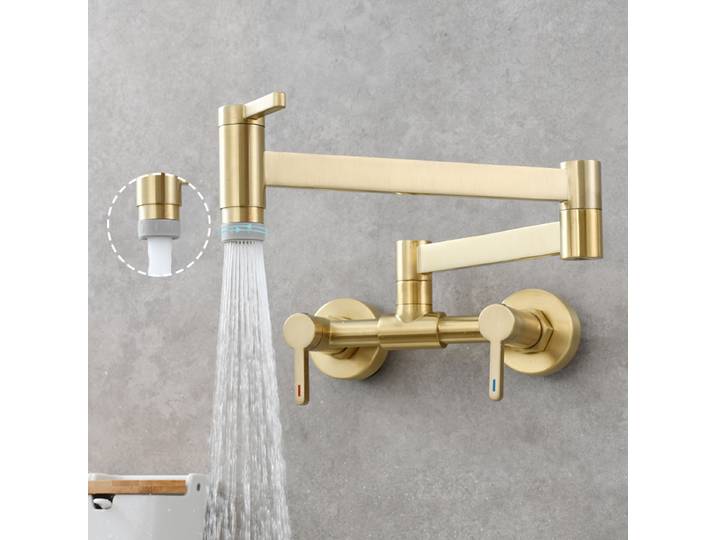Robinet de remplissage de Pot, robinet de cuisine pliable mural, robinet d'évier monotrou chaud et froid, bec pliant rotatif, laiton doré brossé