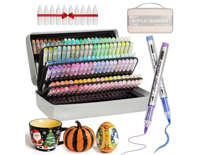 Acryl-Malstifte Set 168 Farben mit Pinselspitze, Mehrfarbig, Kunststoff, 10x10x13 cm, Dekoration, Malbedarf & Bastelbedarf