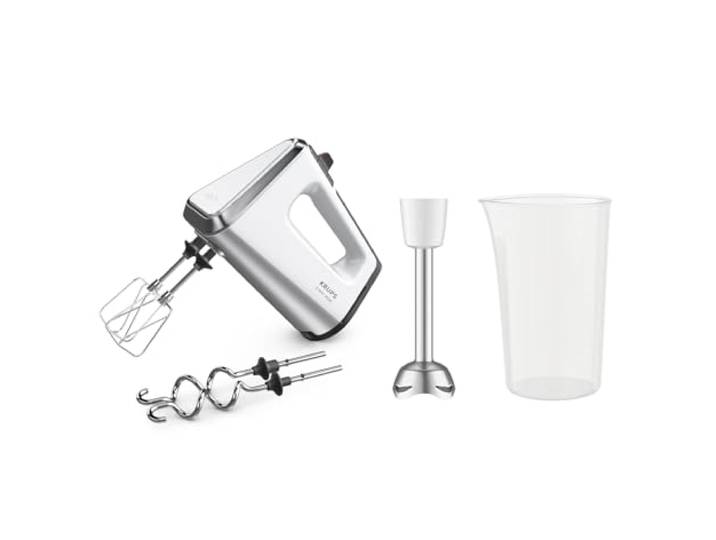 Krups 3 Mix 9000 Handmixer, 750 Watt, Geschwindigkeitsregler, Turbomodus, ergonomischer Griff, Handrührgerät inkl. Schneebesen, Knethaken, Pürierstab-Aufsatz, Messbecher, weiß/silber, GN9121