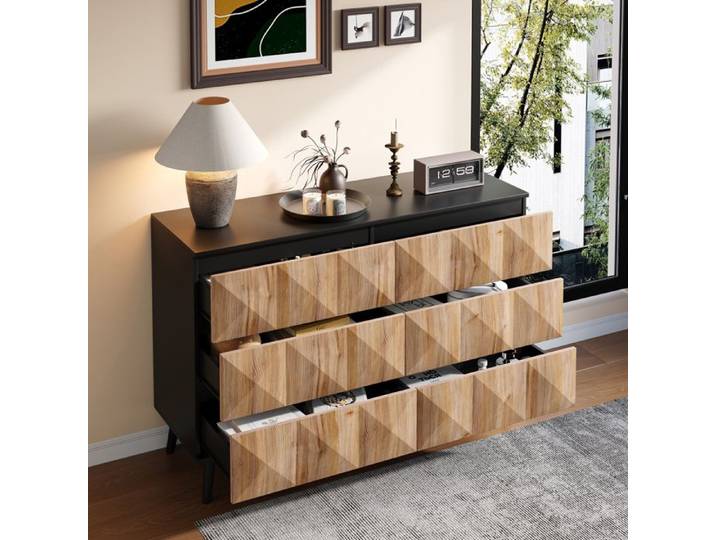 Buffet Bas à Pieds Centraux Commode 6 Tiroirs 120cm Design Minimaliste avec Façades 3D