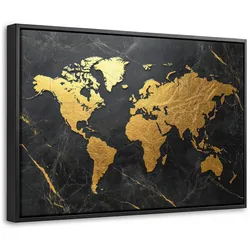 LEINWAND Bilder mit Rahmen - Weltkarte - Gold - Marmor - 60x40