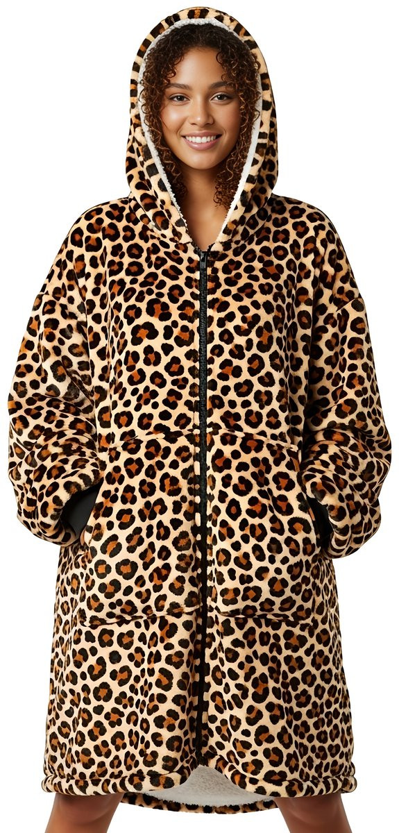 JAXY Hoodie Deken met Rits - Fleece Deken met Mouwen - Oversized Deken Trui - Luipaard - Adults