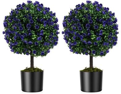 Artificial Purple Rose Topiary Ball Tree Artificial Shrubs Bushes - Green & Purple
