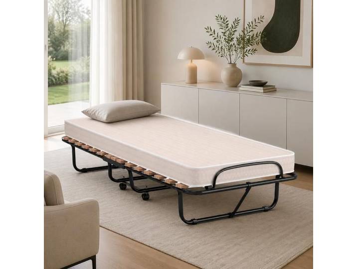 Lit pliant - PAGE LIVING - Invité portable - 80x190 cm - Matelas mémoire 10 cm - 4 roulettes pivotantes