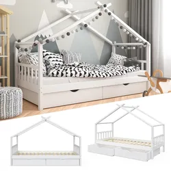 VitaliSpa Kinderbett Hausbett Kinderhaus Design Weiß Lattenrost 90x200 Schublade