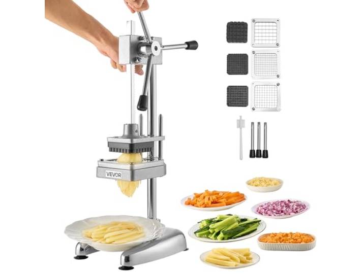 VEVOR Coupe-Frites Pomme de Terre Professionnel Manuel\, Coupe-Légumes et Fruits Multifonction\, en Acier Inoxydable\, avec 3 Lames de Rechange 12\,7 mm\, 9\,5 mm\, 6\,4 mm\, pour Cuisine Restaurant Maison