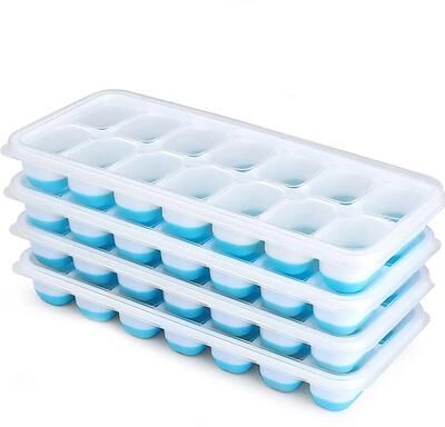 DynamicDeals Easy Release Silicone Ice Cube Tray With Lid Cube Ice Mold For Cocktails Drinks & Freezer Storage blue