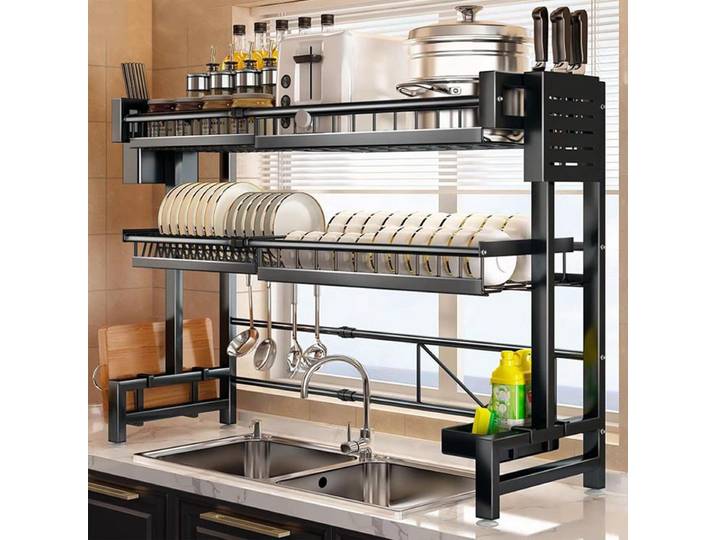 Étagère d'évier de cuisine extensible à 2 niveaux, égouttoir à vaisselle T1 avec intervalles de baguettes