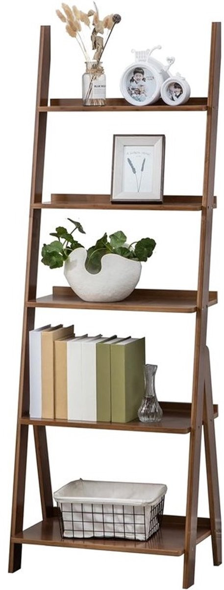 Ladder Plank Opbergrek - Verticale Opslag van Duurzaam Bamboe - 5 Tier - Bruin