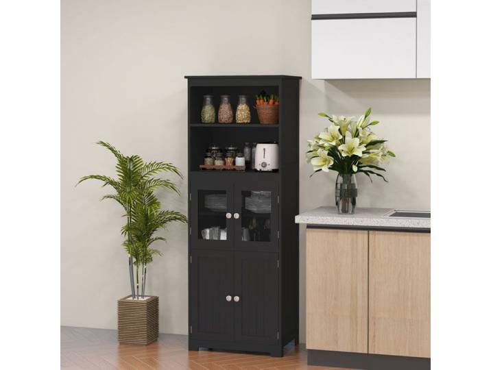 Vaisselier - Armoire 60 x 30 x 162 cm - Noir - 4 portes - Fixations murales anti-basculement