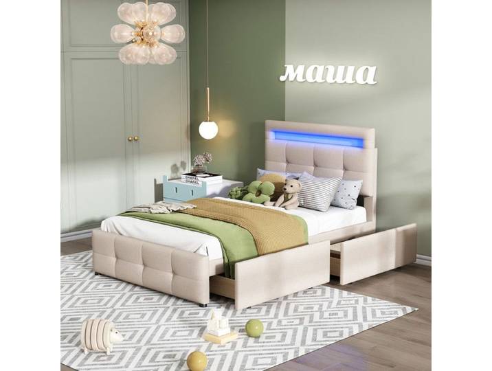 Lit simple 90x200 - Gris - Éclairage LED - Tiroirs de rangement - Design classique