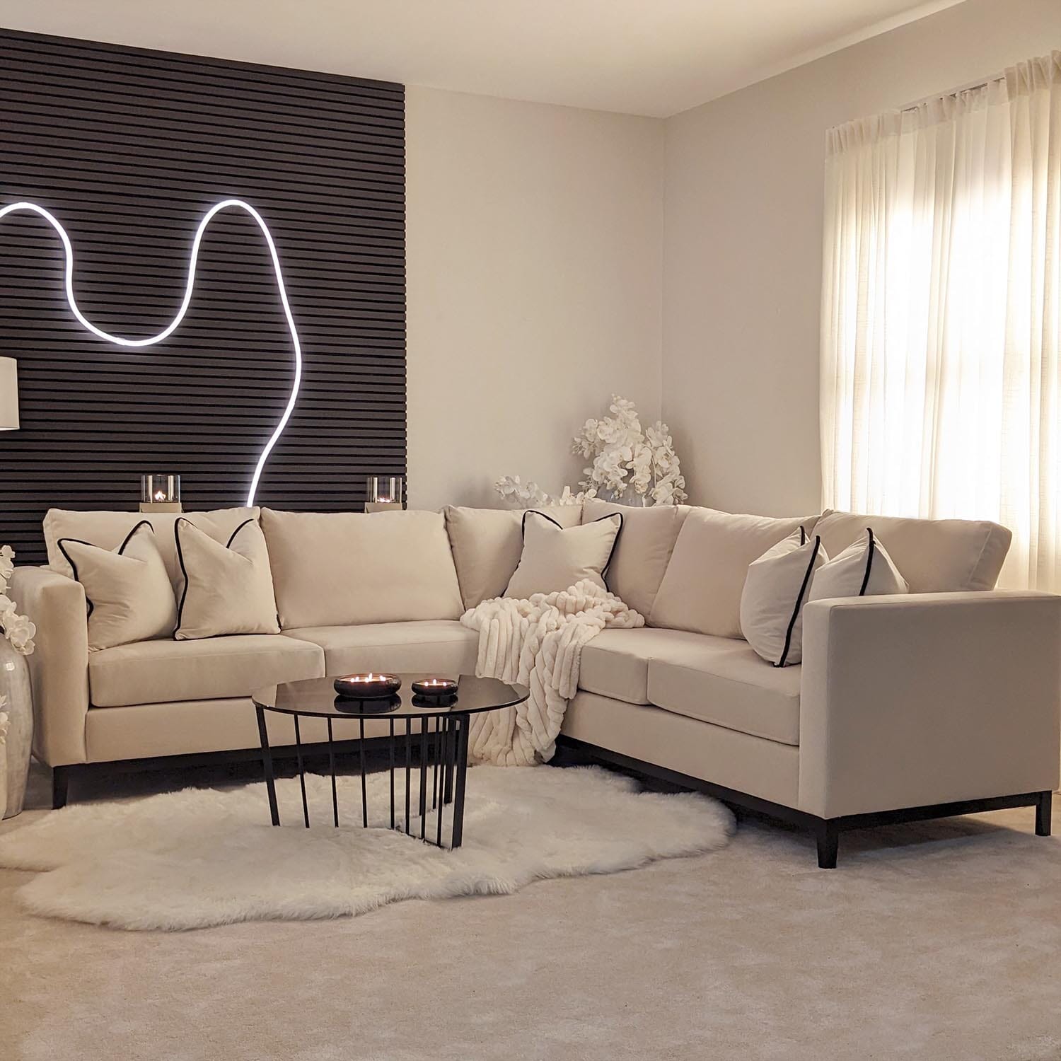 Harmony Cream Velvet Sofa Range With Black Wooden Plinth, 3 Seater Sofa