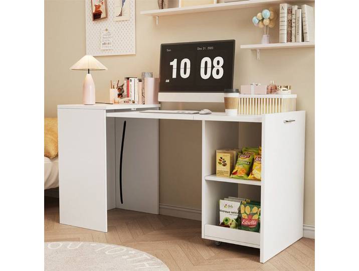 Bureau Pliable Blanc 126 cm avec Tablettes de Rangement Roulettes Bureau Escamotable Compact Gain de Place pour Chambre Moderne