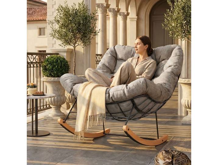 FlexiSpot Fauteuil à bascule de jardin Extérieur Coussin épais rembourré Fauteuil Papasan Chaise Longue Salon ou Jardin Brun