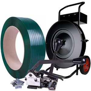 Linder Umreifungsset PET-Band 1500 m x 15,5 mm, Abrollwagen, 1000 Metallhülsen und Kombischließgerät