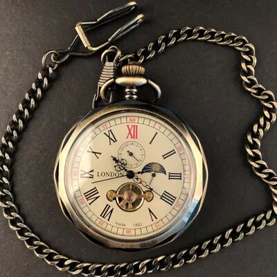 ModernMart Vintage Moonphase Mechanical Pocket Watch With Chain Hand Wind Classic Timepiece Vintage Moonphase Mechanical Pocket Watch With Chain Hand Wind Classic Timepiece