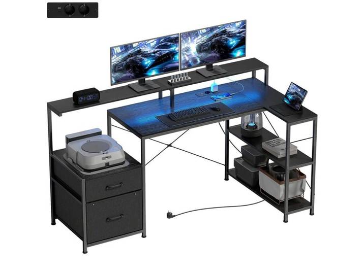Bureau gaming en L avec éclairage LED et support double écran