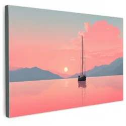 LEINWANDBILD Segelboot - Rosa Meer - Sonnenuntergang - Berge Wanddeko 90x60 cm