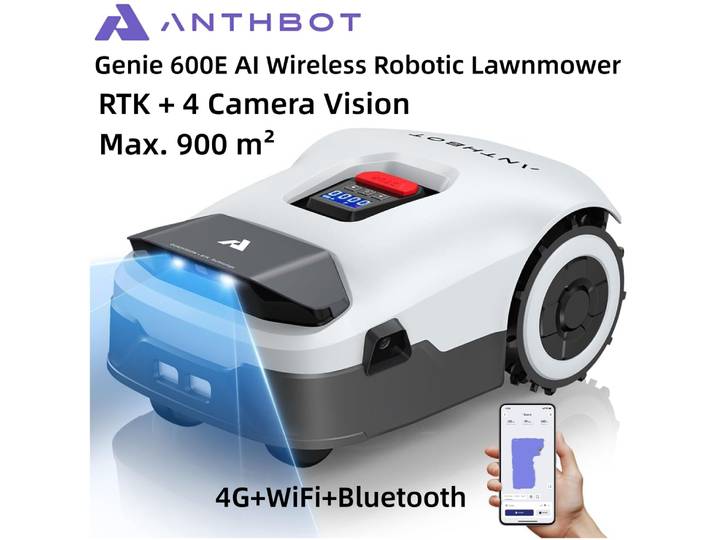 Tondeuse robot Anthbot Genie 600E sans câble de délimitation - Max. Robot tondeuse automatique 900 m² avec vision RTK+4K, 4G+WiFi+Bluetooth, contrôle multizone, évitement d'obstacles 3D, contrôle par