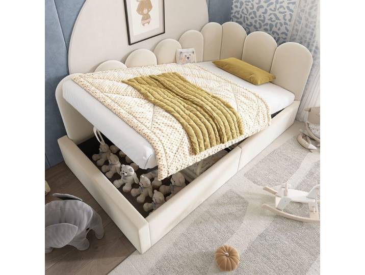 90x190 cm canapé - lit rembourré canapé - lit avec rangement hydraulique lit bébé avec cadre en lattes métalliques velours beige