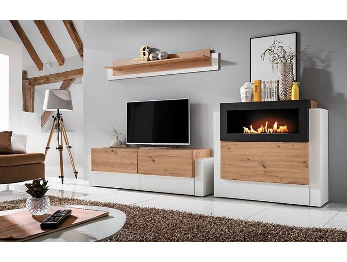 Xlmoebel Wohnwand Designer Weiß Luxus Kommode mit Kamin für das Wohnzimmer, (3-St), Made in Europa