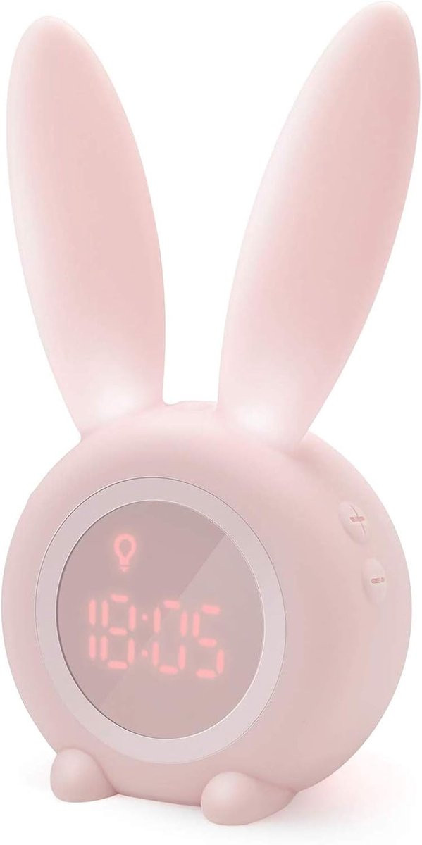 Oneay Cartoon Konijnenwekker met LED-verlichting en 6 Beltonen, USB-oplaadbare Nachtlamp