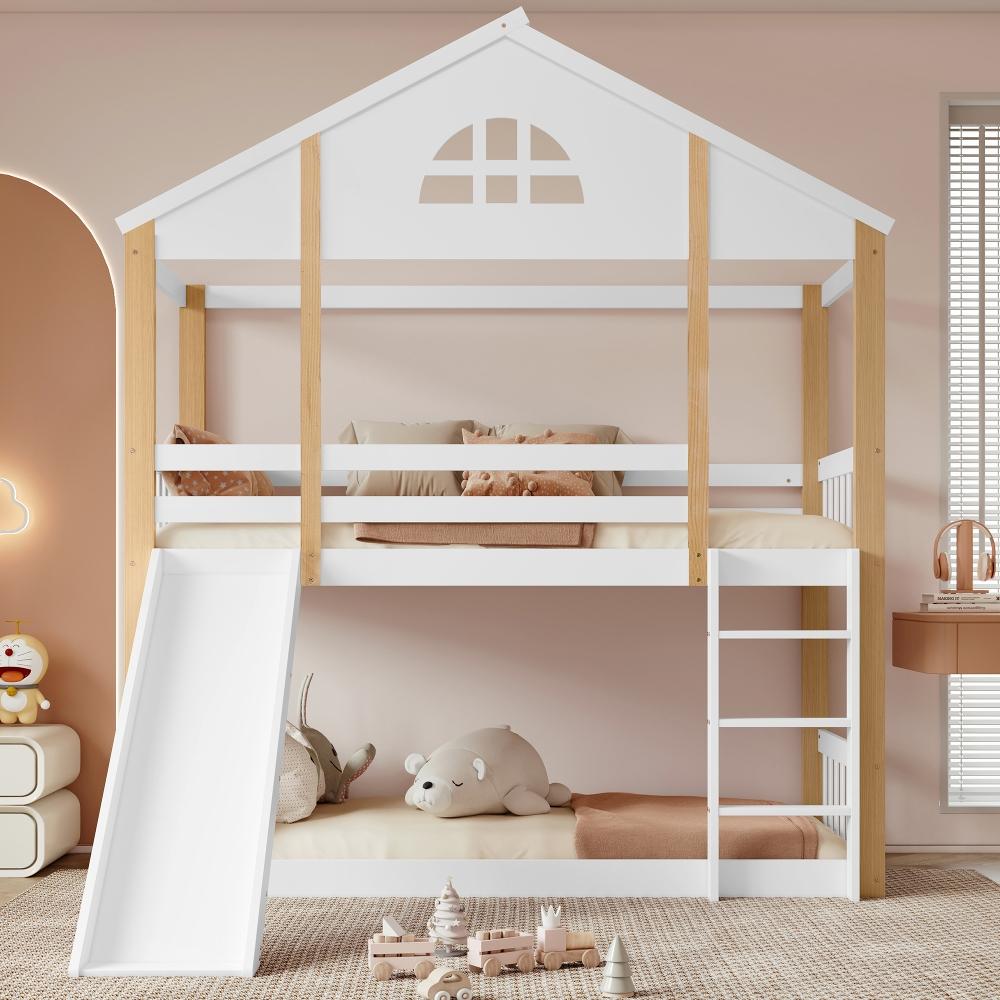 Etagenbett 90x200cm aus Massivholz und MDF, Kinderbett mit Rutsche, Hausbett mit Fenstern, Weiß Natur für Kinderzimmer