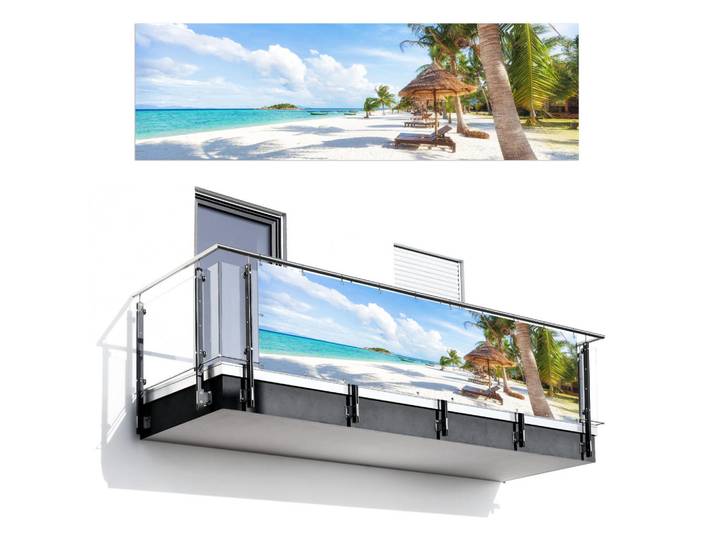 MuchoWow Balkon-Sichtschutz Strand - Meer - Palmen 300x90 cm, Hellblau, Kunststoff, Rechteckig, 300x90 cm, Sonnenschutz, Sichtschutz