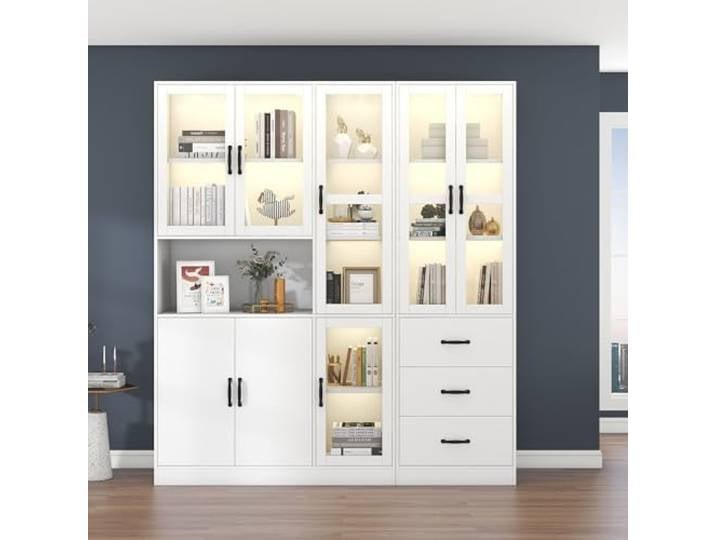 DUlVBPE Modernes weißes Kombivitrinen-Set 200 cm hoch und 180 cm lang, weiße Standvitrine mit LED-Beleuchtung, 8 Türen, 3 Schubladen - perfekt für die Präsentation Ihres Hauses!