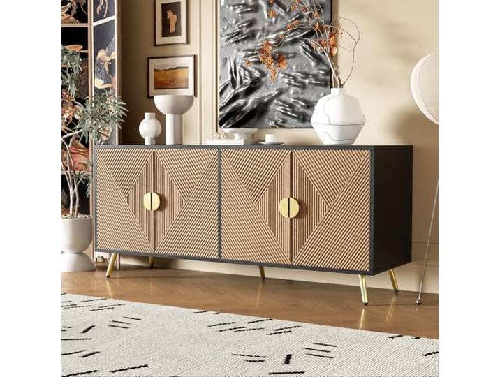 Merax Sideboard 160x40x75 cm, mit 4 Türen, goldene Griffe & Hochglanzbeine, vielseitiger Schrank für Wohnzimmer Esszimmer, Schwarz + Holzmaserung