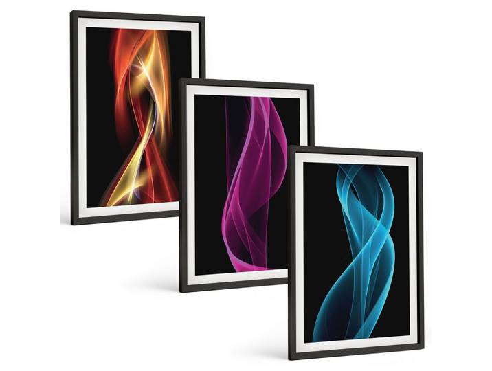 BILDER SET 3er Set - 40x60 cm Schwarzer Rahmen - Neonwellenlinien auf dunklem Hintergrund