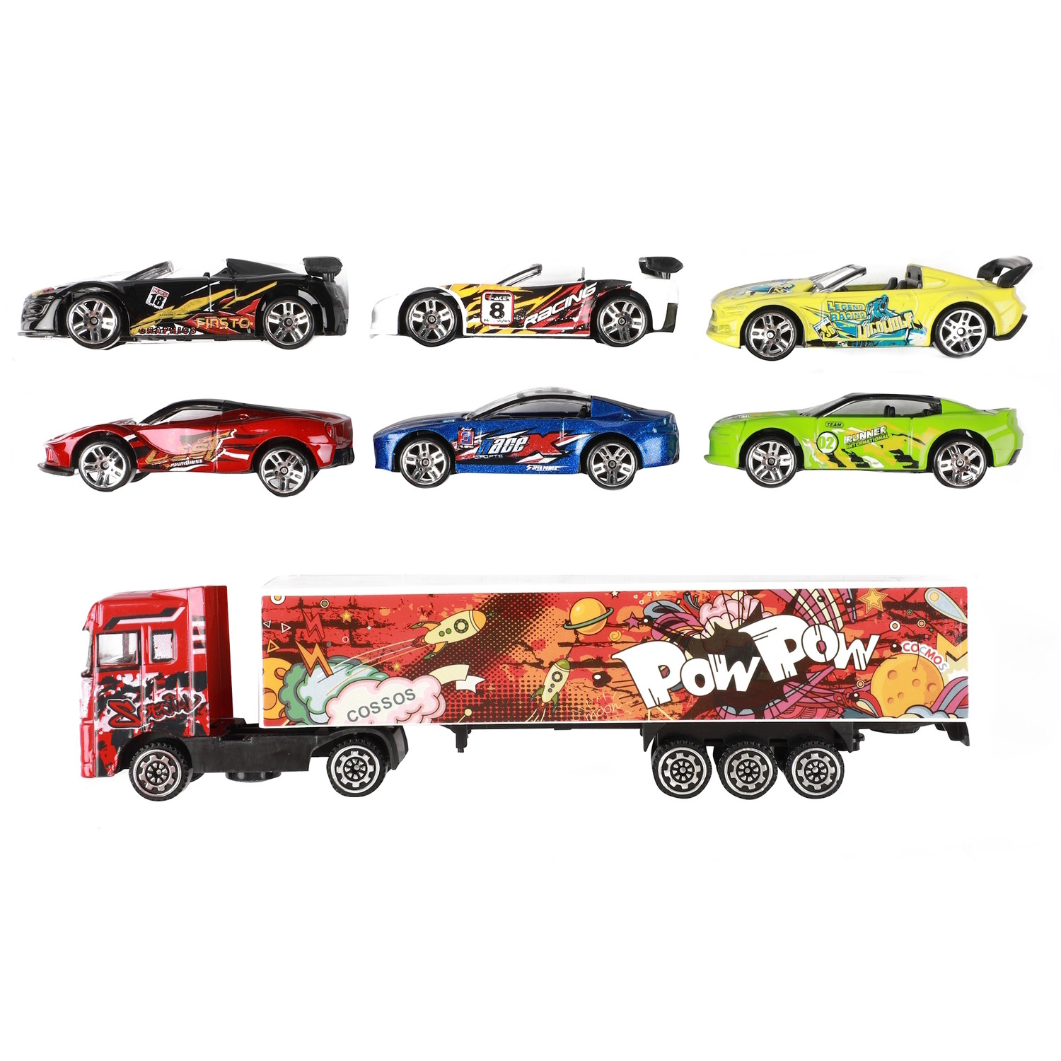 Toi-Toys Speelgoedvrachtwagen met 6 sportauto's in verschillende kleuren