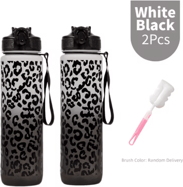 Inspire Picks 1 Liter Leopard Print Sports Water Bottle Leak Proof Large Capacity Gym And Travel Bottle white Black 2pcs 1000ml