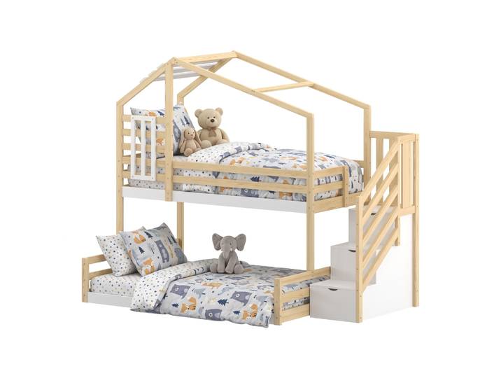 Etagenbett Hausbett TEDI 140 x 200 + 90 x 200 cm natur/weiss