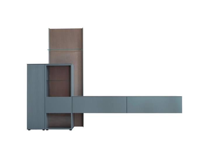 Schöner Wohnen Wohnwand, Blaugrau, Eiche grau, Holz, Metall, Glas, Holzwerkstoff, Eiche, furniert, 7 Fächer, 1 Schublade(n) Schubladen, 340x234x45 cm, Typenauswahl, individuell planbar, Beimöbel erhältlich, in verschiedenen Holzarten erhältlich, In verschiedenen Grössen erhältlich, in verschiedenen Holzdekoren erhältlich, Wohnzimmer, Wohnwand, Komplette Wohnwand