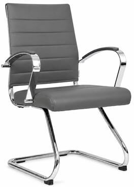 LeisureMod Benmar Modern Ribbed Guest Chair with Steel Chrome Sled Base, Leather Seat, Fixed Armrests, 250 lb Capacity