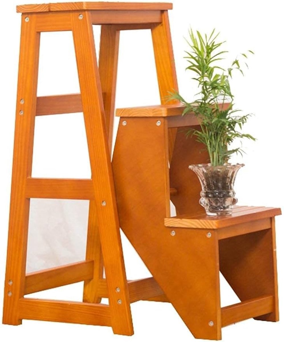 Opvouwbare houten ladderkruk met drie treden in naturel