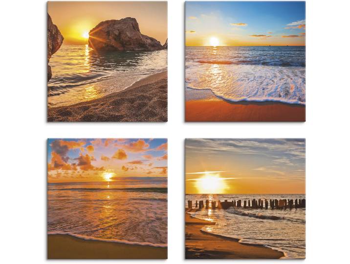 Leinwandbild ARTLAND Sonnenuntergänge am Strand & Meer , orange (farbe bild(er): orange), B:40cm H:40cm, Leinwand, MDF, Bilder, Leinwandbild, 4er Set, verschiedene Grössen
