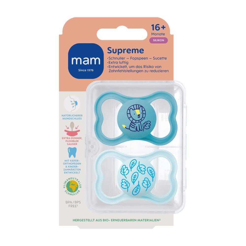 MAM Supreme Fopspeen Silicone Blue 16m+ 2 St Schnuller