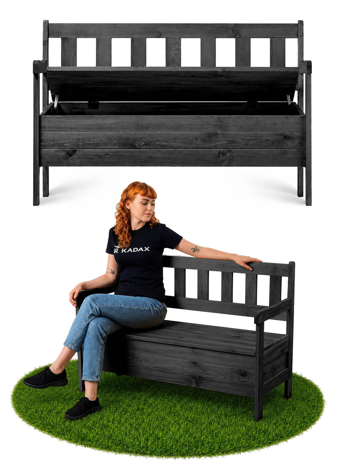 KADAX Houten tuinbank met rugleuning en opbergruimte, antraciet, 120 cm