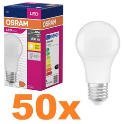 50er Set Osram E27 LED Lampe VALUE 8,5W wie 60W Warmweißes Licht blendfreie weiß mattierte Glühbirne - XXXL-Sparpack