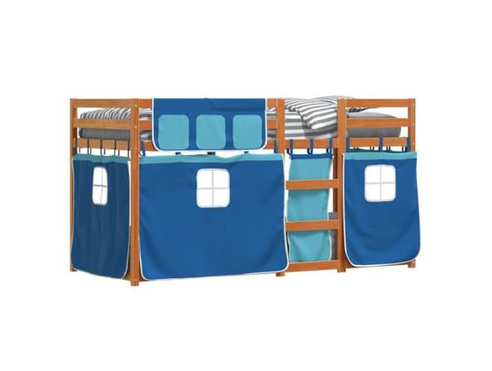 KTHLBRH Etagenbett, Blau, 90 x 190 cm, Massivholz, Kiefer Mit Leiter, Sicherheitsgitter 4 Seiten, Vorhänge inklusive, Wandbefestigung