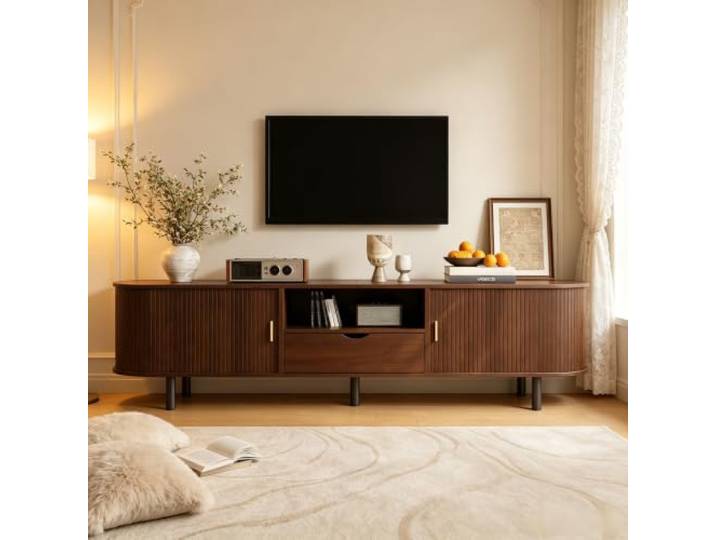 VILUXE TV-Schrank 175x55 cm Lowboard mit Rollo-Tür Schublade MDF Walnuss TV Lowboard mit Runddesign, Rollo-Tür, MDF Material, Stauraum, Wohnzimmer