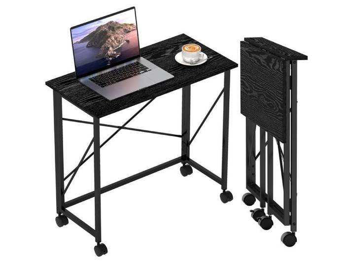 Bureau Pliable sur Roulettes - Table de Travail Mobile en MDF - Noir - 80 x 40 x 75 cm