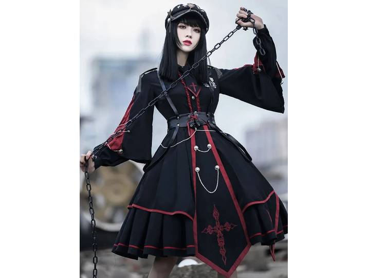 Robe Lolita OP de Style Militaire Noire à Manches sulf, Tenue en Polyester, Ensemble de 3 Pièces