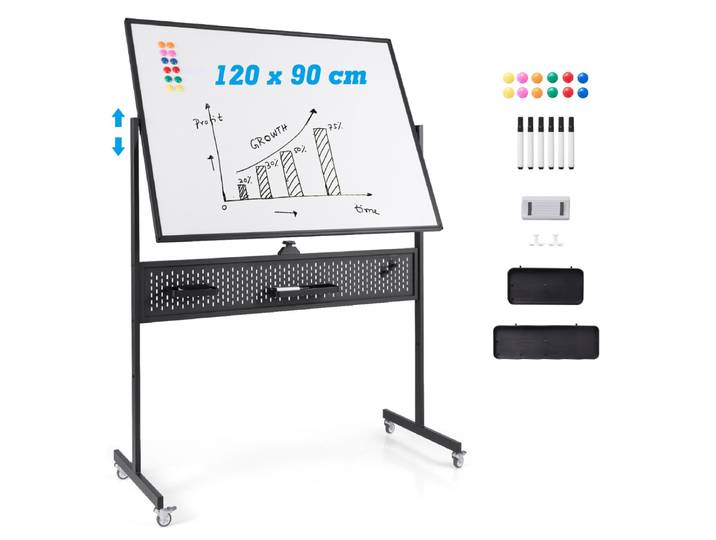 120 x 90 cm Dubbelzijdig Verplaatsbaar Whiteboard Magnetisch Whiteboard op Standaard met Geperforeerd Paneel en Accessoires-Zwart