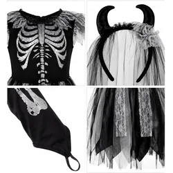 Widmann Skeleton Braut Damenkostüm Kleid, fingerlose Handschuhe, Brautschleier mit Hörnern (XS)